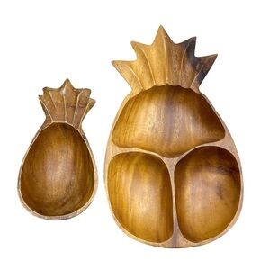 Monkey Pod Wood Serving Snack Bowl Set Carved Pineapple Vintage Tiki Decor